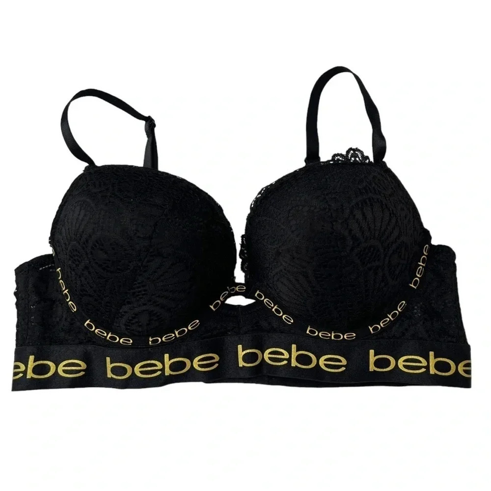 Womens Black Bebe Logo‎ Lace Underwire Padded Push Up Bra Size 34C​​​